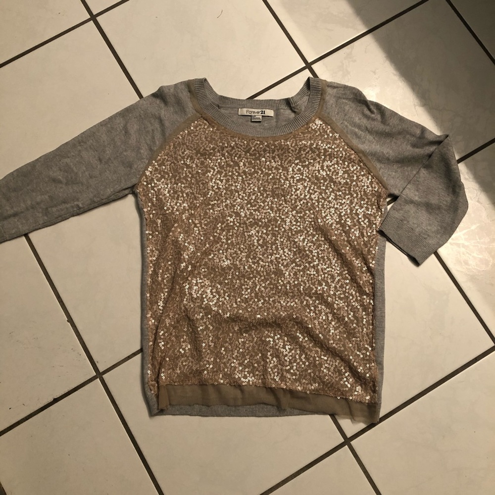 Forever 21 rose gold sequin and gray sweater